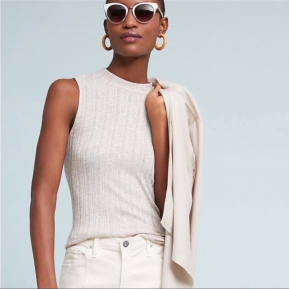 Anthropologie Pure + Good Tan Ribbed Sleeveless Mock Neck Top